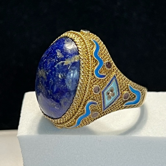 Vintage Asian Sterling Vermeil Enamel Lapis Ring